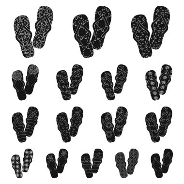 Parmak arası terlik set koleksiyonu tasarım için simgeler siyah. Beach ayakkabı sembol stok web illüstrasyon vektör.