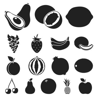 Farklı meyve set koleksiyonu tasarım için simgeler siyah. Meyve ve vitaminler sembol stok web illüstrasyon vektör.