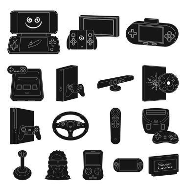 Set koleksiyonu tasarım için simgeler siyah oyun konsolu ve sanal gerçeklik. Oyun gadget'lar sembol stok web illüstrasyon vektör.