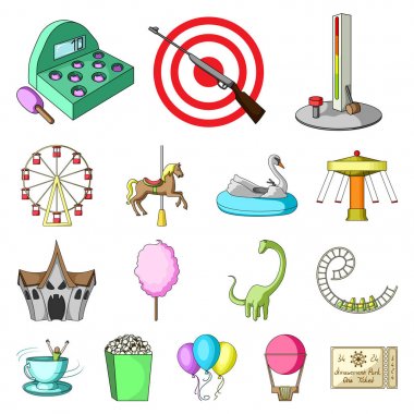 Set koleksiyonu tasarım için eğlence parkı karikatür simgeler. Cihazları ve mekanlarına sembol stok web illüstrasyon vektör.