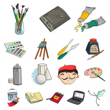 Ressam ve set koleksiyonu tasarım için çizim karikatür simgeleri. Sanatsal aksesuarları sembol stok web illüstrasyon vektör.