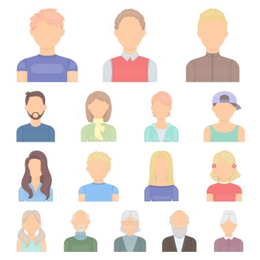 Set koleksiyonu tasarım için Avatar ve yüz karikatür simgeler. Bir kişi görünümü vektör simge stok web çizim.