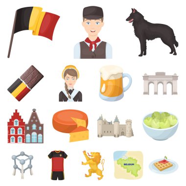 Set koleksiyonu tasarım için ülke Belçika karikatür simgeler. Seyahat ve konumlar Belçika sembol stok web illüstrasyon vektör.