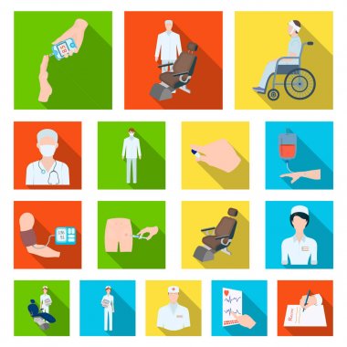 İlaç ve tedavi düz simgeler set koleksiyonu tasarım için. Hastane ve ekipman sembol stok web illüstrasyon vektör.