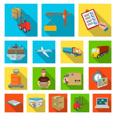Lojistik ve teslim düz simgeler set koleksiyonu tasarım için. Taşıtlar ve donatımı izometrik vektör simge stok web çizim.