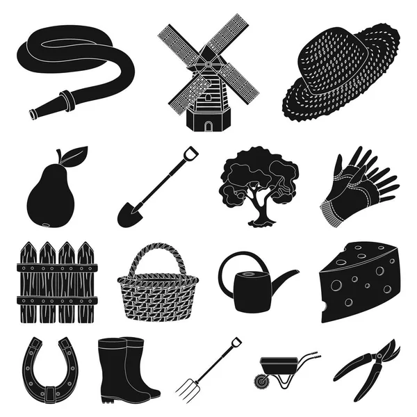 Granja y jardinería iconos negros en la colección de conjuntos para el diseño. Granja y equipo vector símbolo stock web ilustración . — Archivo Imágenes Vectoriales
