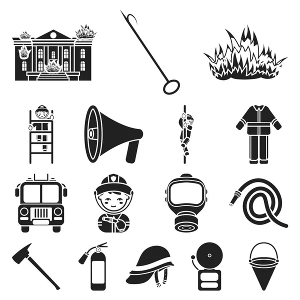 Brandweer zwarte pictogrammen in set collectie voor design. Brandweerlieden en apparatuur vector symbool voorraad web illustratie. — Stockvector