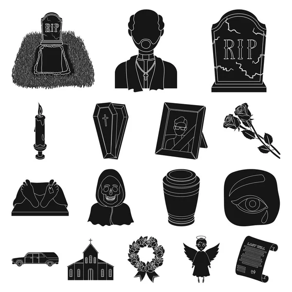 Set koleksiyonu tasarım için cenaze töreni siyah simgeler. Cenaze törenleri ve öznitelikleri sembol stok web illüstrasyon vektör.
