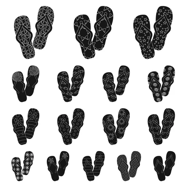 Parmak arası terlik set koleksiyonu tasarım için simgeler siyah. Beach ayakkabı sembol stok web illüstrasyon vektör.
