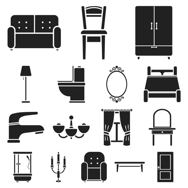 Muebles e interiores iconos negros en la colección de conjuntos para el diseño. muebles para el hogar vector símbolo stock web ilustración . — Vector de stock