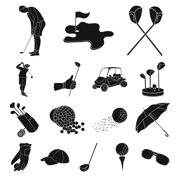 ゴルフと属性は黒デザインのセットのコレクションのアイコンです。ゴルフ クラブと機器のベクトル シンボル ストック web イラスト. — ストックベクタ