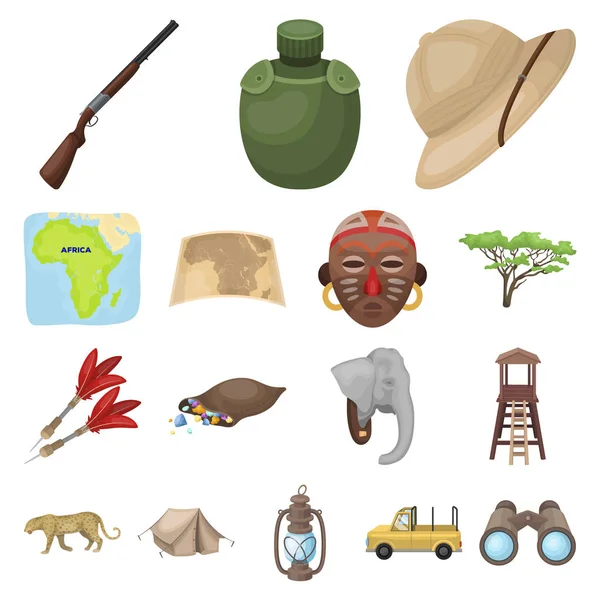 African Safari cartoon icons in set collection for design. Trophies and equipment for Safari vector symbol stock web illustration. — Stock Vector