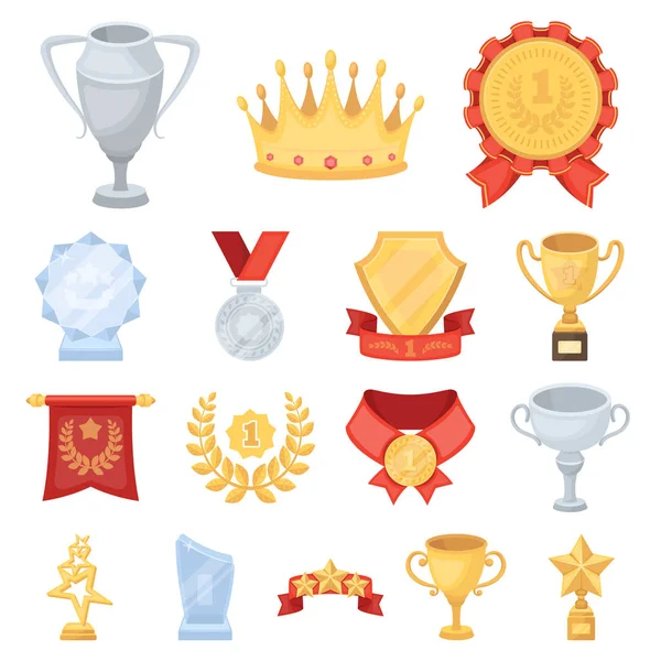 Premios y trofeos iconos de dibujos animados en la colección de conjuntos para el diseño.Recompensa y logro vector símbolo stock web ilustración . — Archivo Imágenes Vectoriales