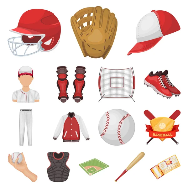 Honkbal en kenmerken cartoon pictogrammen in set collectie voor design. Honkballer en apparatuur vector symbool voorraad web illustratie. — Stockvector