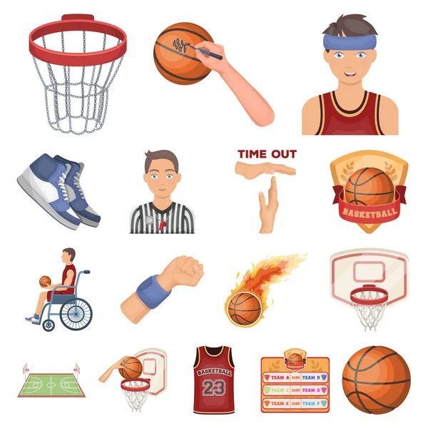 Basket och attribut tecknad ikoner i set samling för design. Basketspelare och utrustning vektor symbol lager web illustration. — Stock vektor
