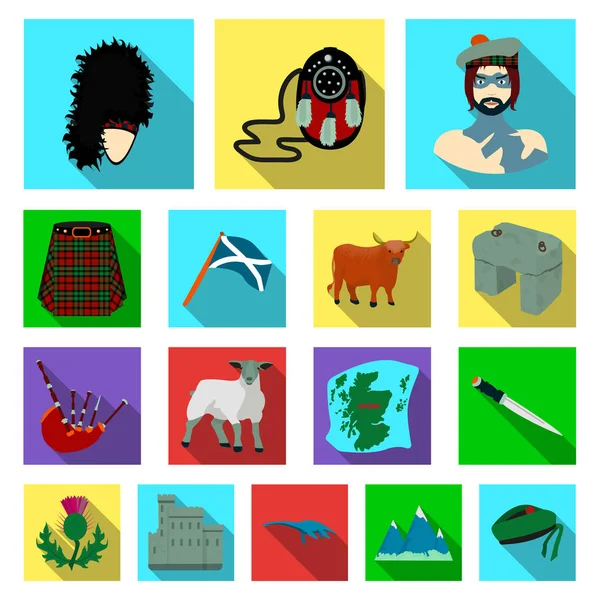 Country Scotland icone piatte nella collezione set per il design. Giro turistico, cultura e tradizione vettoriale simbolo stock web illustrazione . — Vettoriale Stock