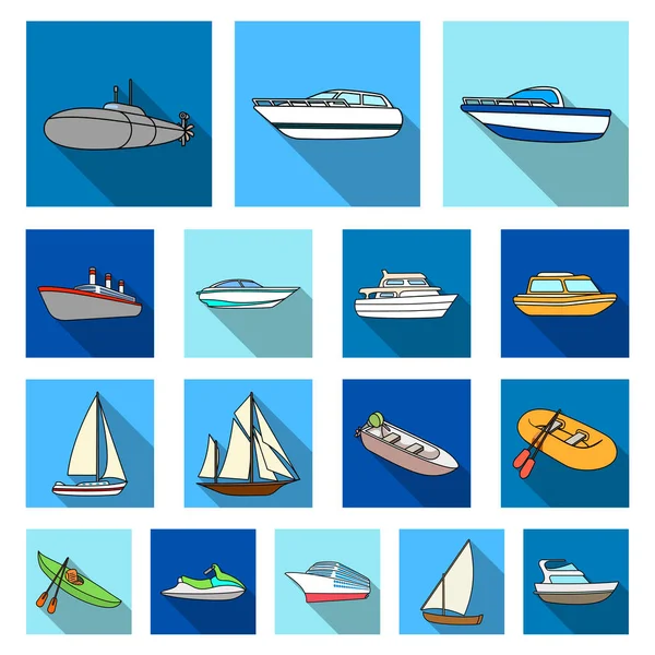 Su ve deniz taşıma düz simgeler set koleksiyonu tasarım için. Tekneler ve gemiler çeşitli sembol stok web illüstrasyon vektör. — Stok Vektör