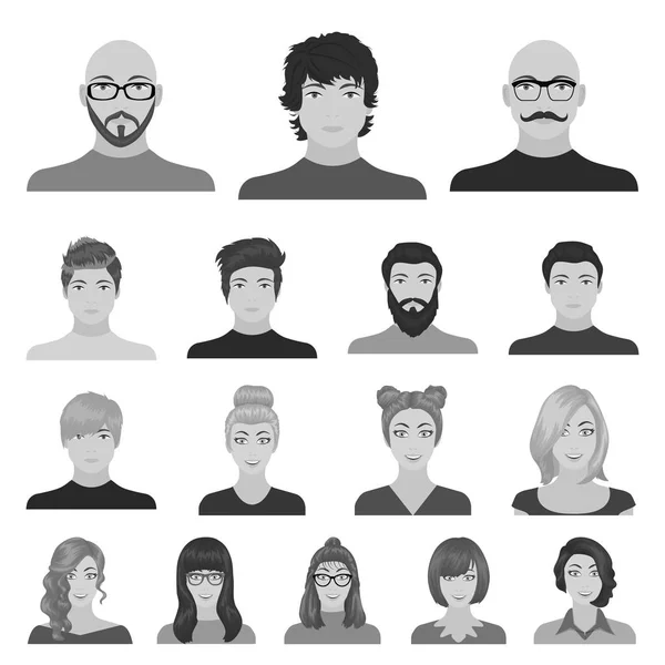 Avatar och ansikte svartvita ikoner i set insamling för design. En personer utseende vektor symbol lager web illustration. — Stock vektor