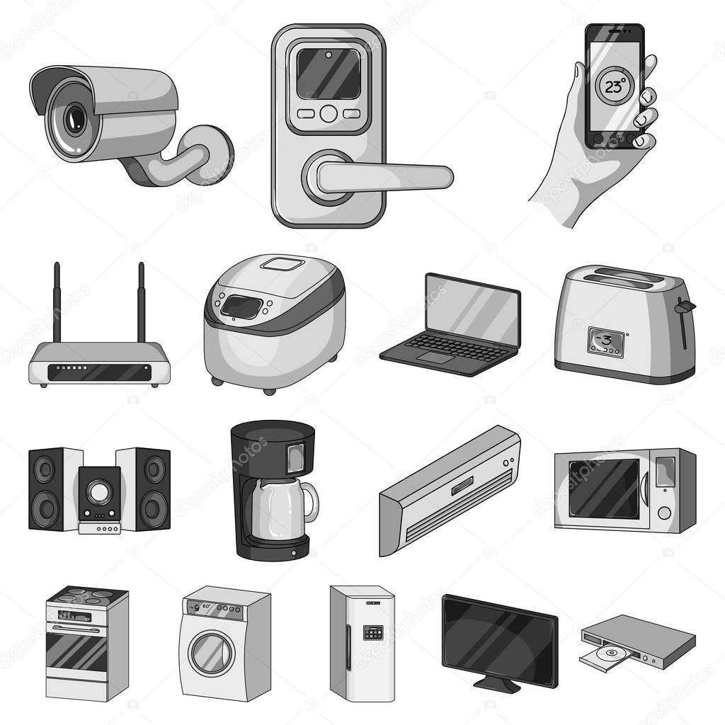 Smart home appliances monochrome icons in set collection for design. Modern household appliances vector symbol stock web illustration.