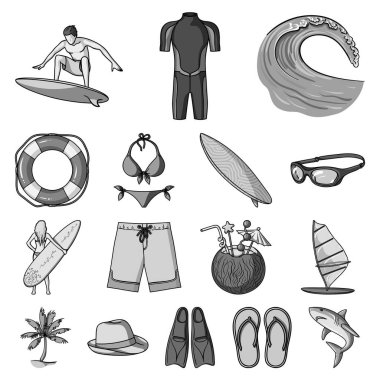 Sörf ve aşırı tek renkli simgeler set koleksiyonu tasarım için. Sembol stok web illüstrasyon vektör sörfçü ve aksesuarları.