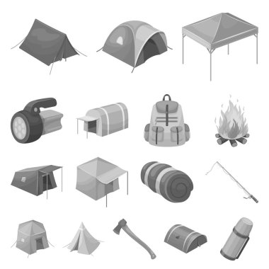 Set koleksiyonu tasarım için çadır tek renkli simgeler farklı türde. Resimde web geçici barınak ve vektör simge stok konut.