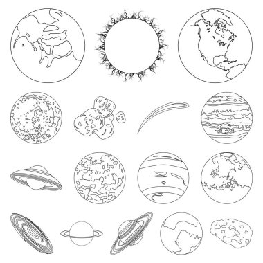 Güneş sisteminin gezegenleri kutsal kişilerin resmi içinde set koleksiyonu tasarım için anahat. Evren ve astronomi sembol stok web illüstrasyon vektör.