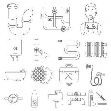 Sıhhi tesisat, set koleksiyonu tasarım için anahat simgelerini uydurma. Cihazlar ve sembol stok web illüstrasyon vektör.
