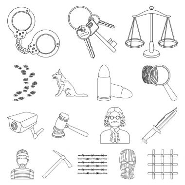 Hapishane ve set koleksiyonu tasarım için criminaloutline simgeler. Hapishane ve öznitelikleri sembol stok web illüstrasyon vektör.