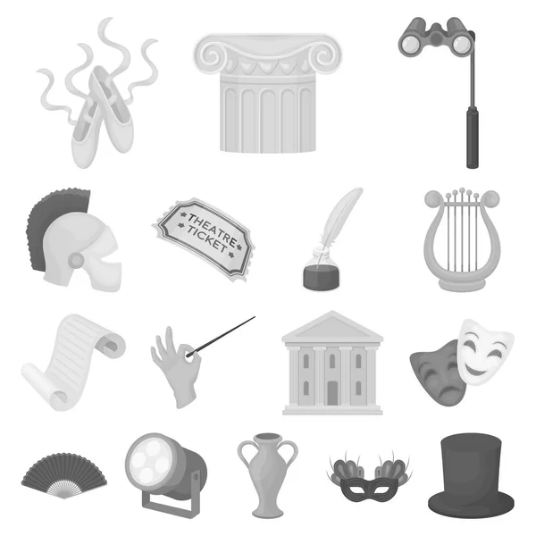 Arte teatral iconos monocromáticos en la colección de conjuntos para el diseño. equipo de teatro y accesorios vector símbolo stock web ilustración . — Vector de stock