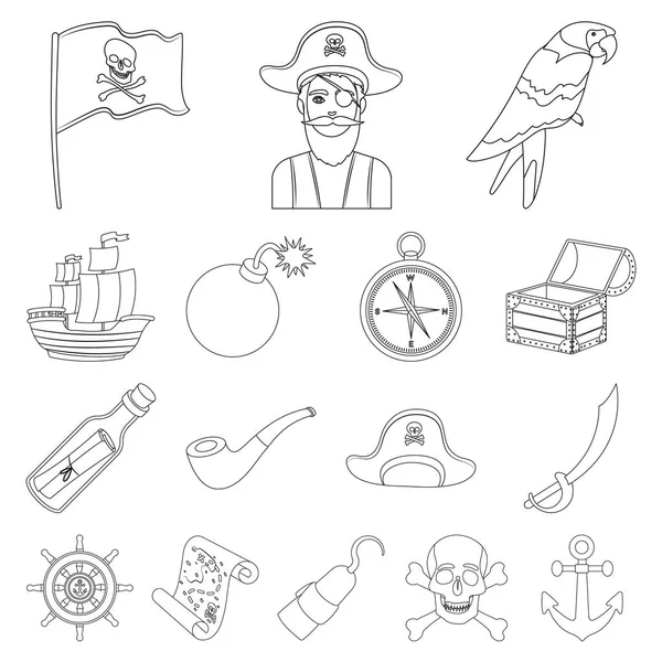 Pirate, sea robber outline icons in set collection for design. Treasures, attributes vector symbol stock web illustration. — Stock Vector