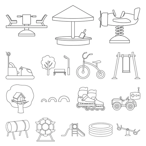 Spielplatz, Unterhaltung umreißen Symbole in Set-Kollektion für Design. Attraktion und Ausrüstung Vektor Symbol Stock Web Illustration. — Stockvektor