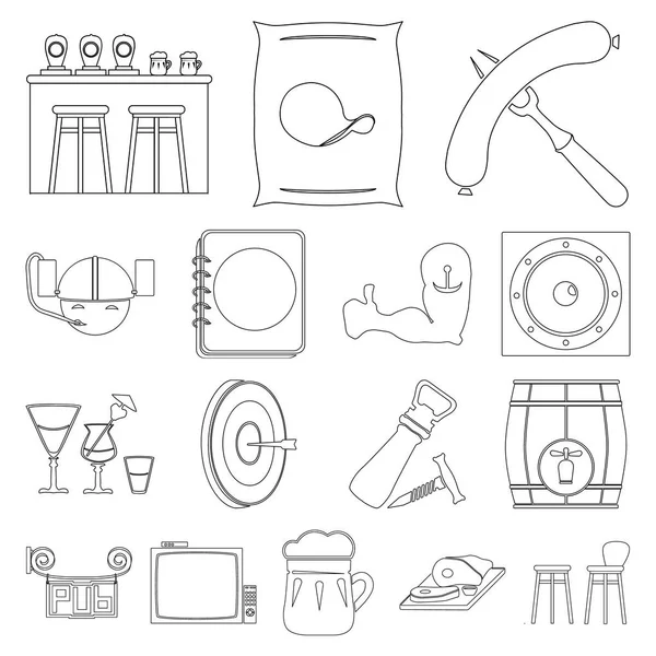 Pub, interior and equipment outline icons in set collection for design. Alcohol and food vector symbol stock web illustration. — Stock Vector