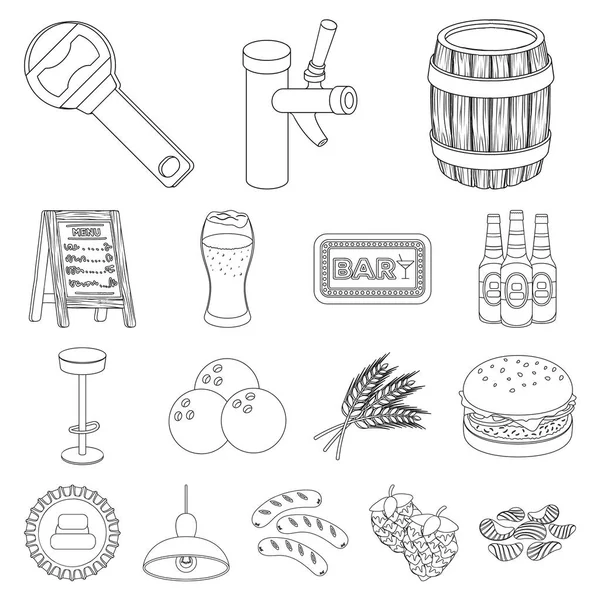 パブ、インテリア、設備概要アイコン デザインのセットのコレクションです。アルコールや食べ物のベクトル シンボル ストック web イラスト. — ストックベクタ