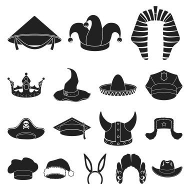 Şapka çeşitleri set koleksiyonu tasarım için simgeler siyah. Headdress vektör simge stok web çizimi.