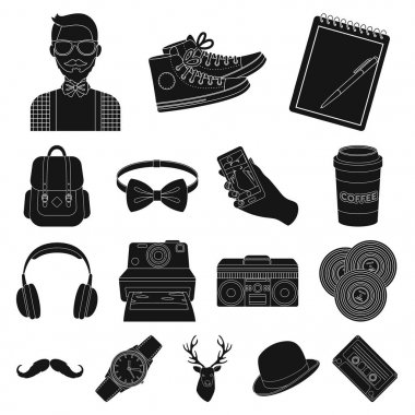 Set koleksiyonu tasarım için stil Hipster siyah simgeler. Sembol stok web illüstrasyon vektör hipster öznitelikleri ve aksesuarları.