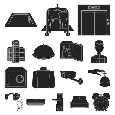 Otel ve ekipman set koleksiyonu tasarım için simgeler siyah. Otel ve konfor sembol stok web illüstrasyon vektör.