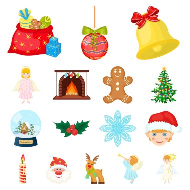 Noel öznitelikleri ve aksesuarlar set koleksiyonu tasarım için simgeleri karikatür. Neşeli Noel vektör simge stok web çizim.