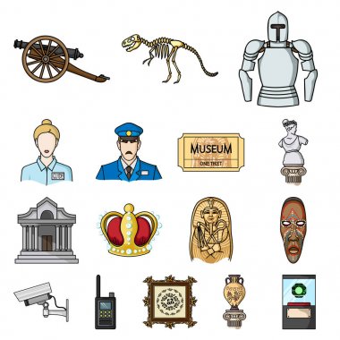 Set koleksiyonu tasarım için müze ve Galeri karikatür simgeler. Depolama ve serginin görülmeye değer parça sembol stok web illüstrasyon vektör.