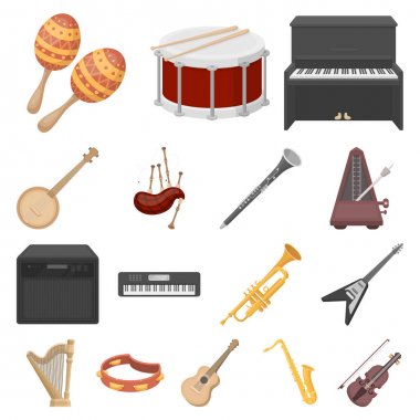 Müzik aleti çizgi film set koleksiyonu tasarım için simgeler. Sembol stok web illüstrasyon vektör dize ve Nefesli/Üflemeli Saz.