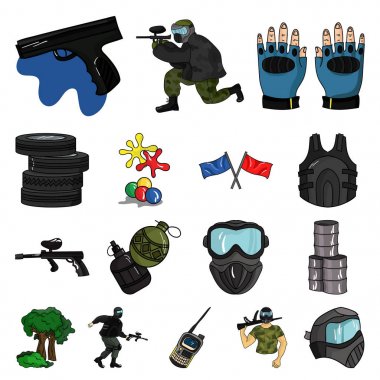 Paintball takım oyun karikatür simgeleri set koleksiyonu tasarım için. Ekipman ve kıyafet sembol stok web illüstrasyon vektör.