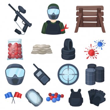 Paintball takım oyun karikatür simgeleri set koleksiyonu tasarım için. Ekipman ve kıyafet sembol stok web illüstrasyon vektör.
