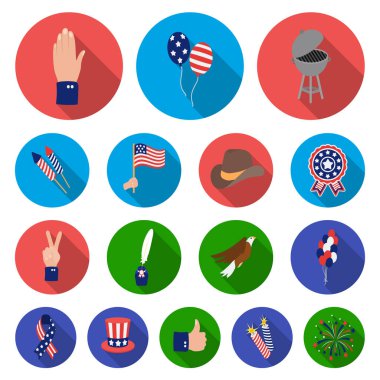 Vatansever gün, set koleksiyonu tasarım için tatil düz simgeler. Amerikan geleneği vektör simge stok web çizimi.