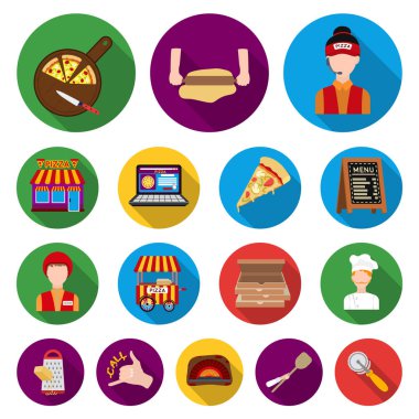 Pizza ve pizza düz simgeler set koleksiyonu tasarım için. Personel ve ekipman sembol stok web illüstrasyon vektör.