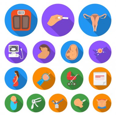 Kadın ve gebelik düz simgeler set koleksiyonu tasarım için. Kadın hastalıkları ve ekipman sembol stok web illüstrasyon vektör.