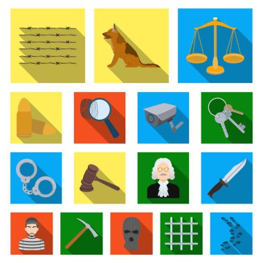 Hapishane ve set koleksiyonu tasarım için criminalflat simgeler. Hapishane ve öznitelikleri sembol stok web illüstrasyon vektör.