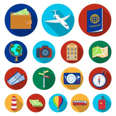 Dinlenmek ve set koleksiyonu tasarım için düz simgeler seyahat. Ulaşım, turizm sembol stok web illüstrasyon vektör.