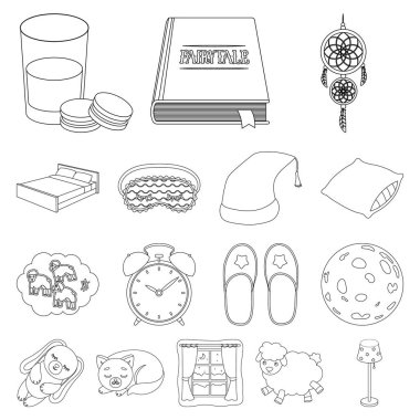 Dinlenme ve uyku set koleksiyonu tasarım için simgeleri anahat. Aksesuarlar ve konfor sembol stok web illüstrasyon vektör.