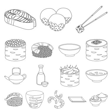 Suşi ve baharat anahat simgeleri set koleksiyonu tasarım için. Deniz ürünleri gıda, Aksesuar vektör simge stok web çizimi.