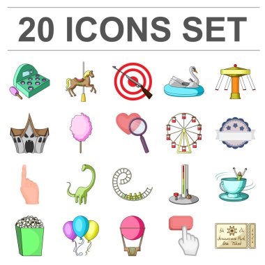 Set koleksiyonu tasarım için eğlence parkı karikatür simgeler. Cihazları ve mekanlarına sembol stok web illüstrasyon vektör.