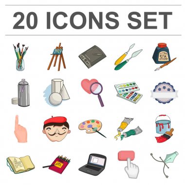 Ressam ve set koleksiyonu tasarım için çizim karikatür simgeleri. Sanatsal aksesuarları sembol stok web illüstrasyon vektör.